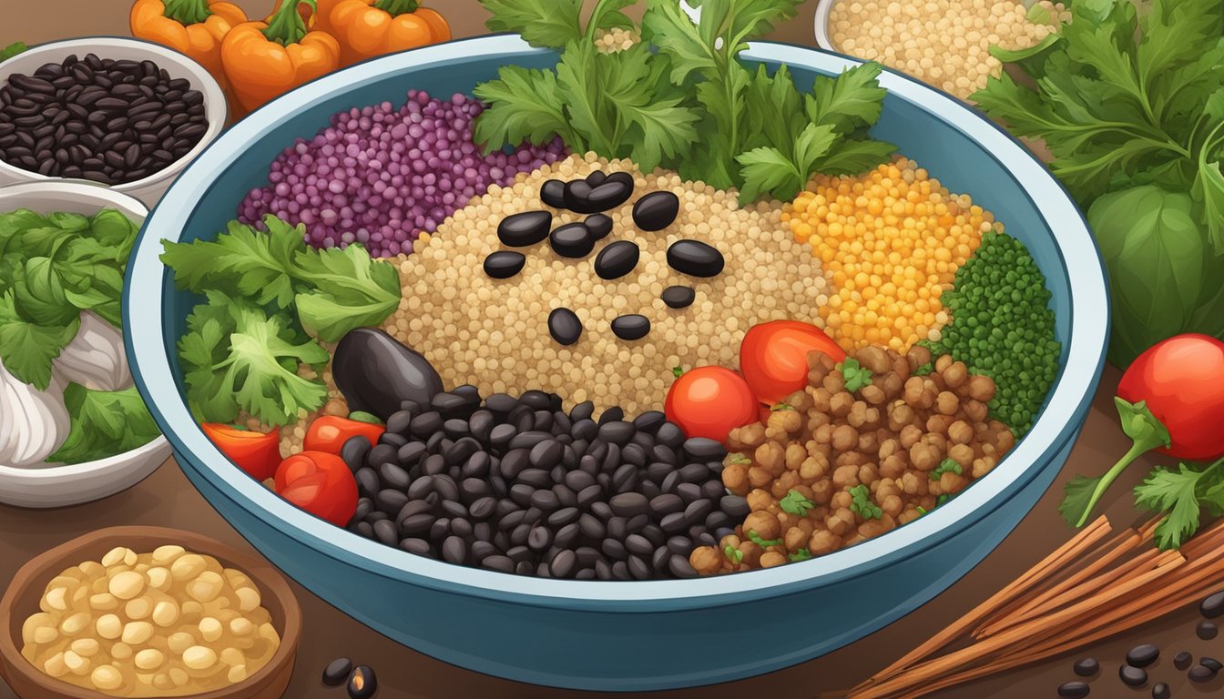 A colorful bowl filled with quinoa, black beans, and vibrant vegetables, surrounded by a variety of fresh ingredients and spices