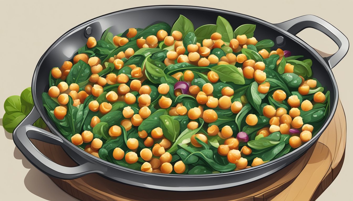 A colorful stir-fry of chickpeas and spinach sizzling in a pan, surrounded by vibrant vegetables and herbs