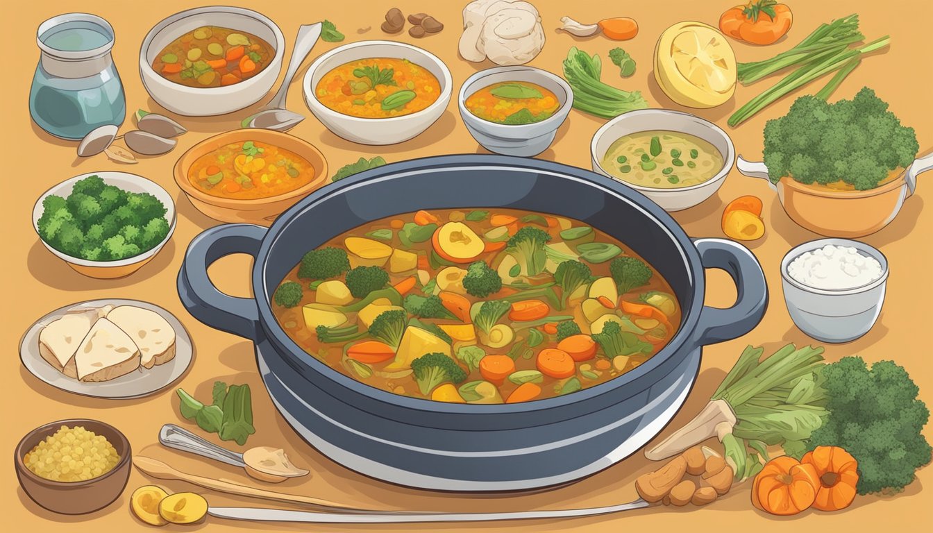 A colorful pot of simmering vegetable stew with ginger and turmeric, surrounded by 12 meal plans for diabetics