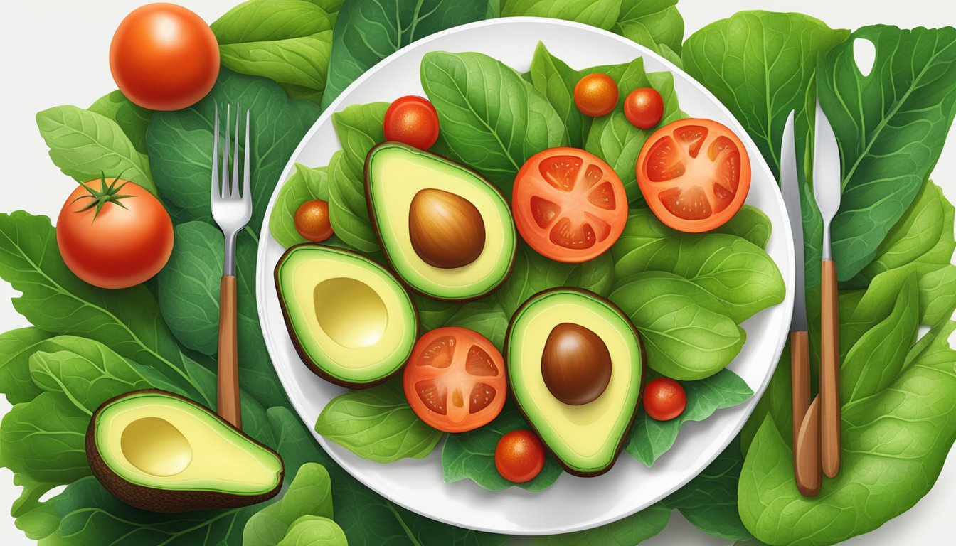 A colorful array of ripe avocados and juicy tomatoes arranged on a white plate, surrounded by vibrant green lettuce leaves