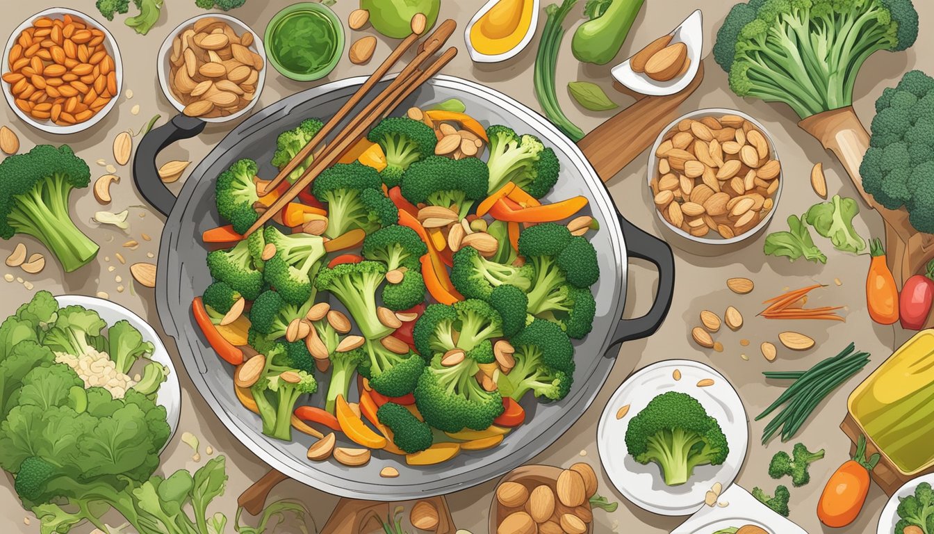 A colorful stir-fry sizzling in a wok, filled with broccoli florets, sliced almonds, and a variety of vibrant vegetables, surrounded by 12 meal plans for diabetics