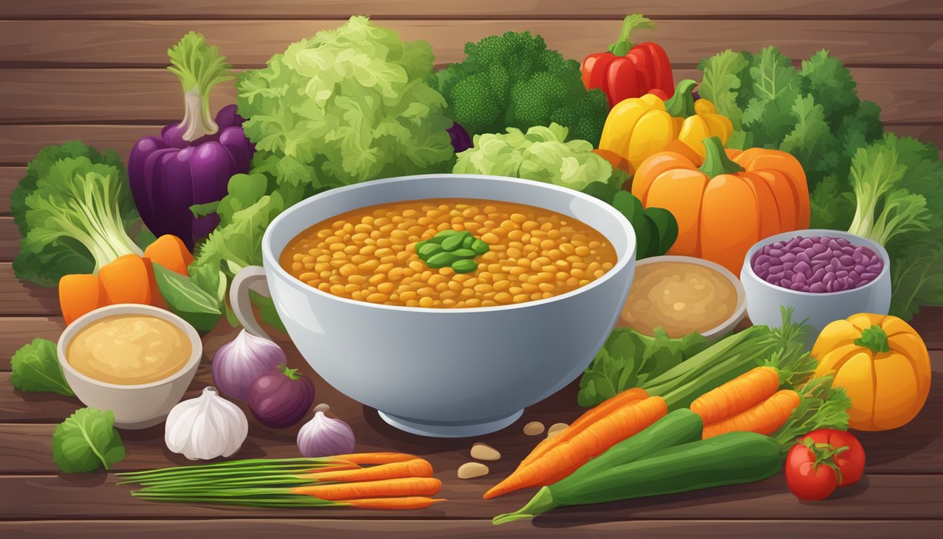 A steaming bowl of lentil soup surrounded by colorful vegetables on a wooden table