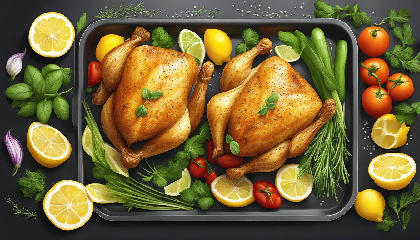 A golden-brown chicken breast with fresh herbs and lemon slices on a baking tray surrounded by vibrant vegetables