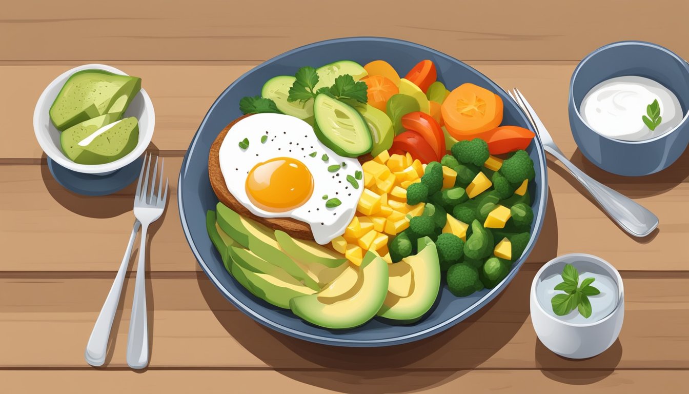 A breakfast bowl with sliced avocado, poached egg, and colorful vegetables arranged in a balanced and appealing composition