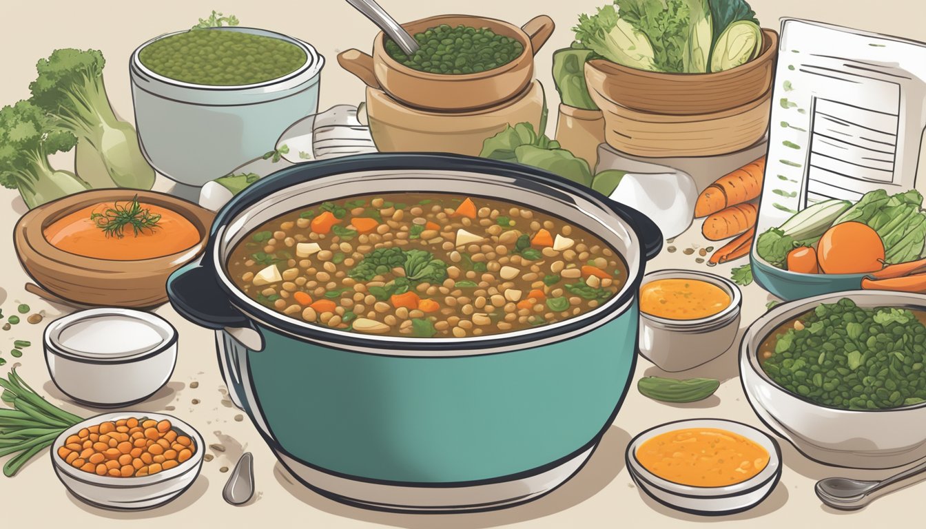 A steaming pot of lentil and vegetable soup surrounded by 11 different meal plans for diabetics, each featuring healthy and nutritious options