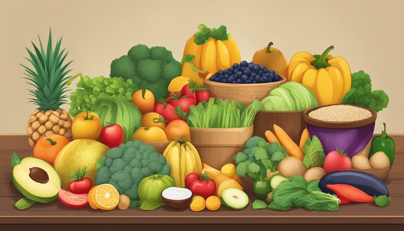 A table with various colorful fruits, vegetables, and whole grains arranged in a balanced meal plan for diabetics