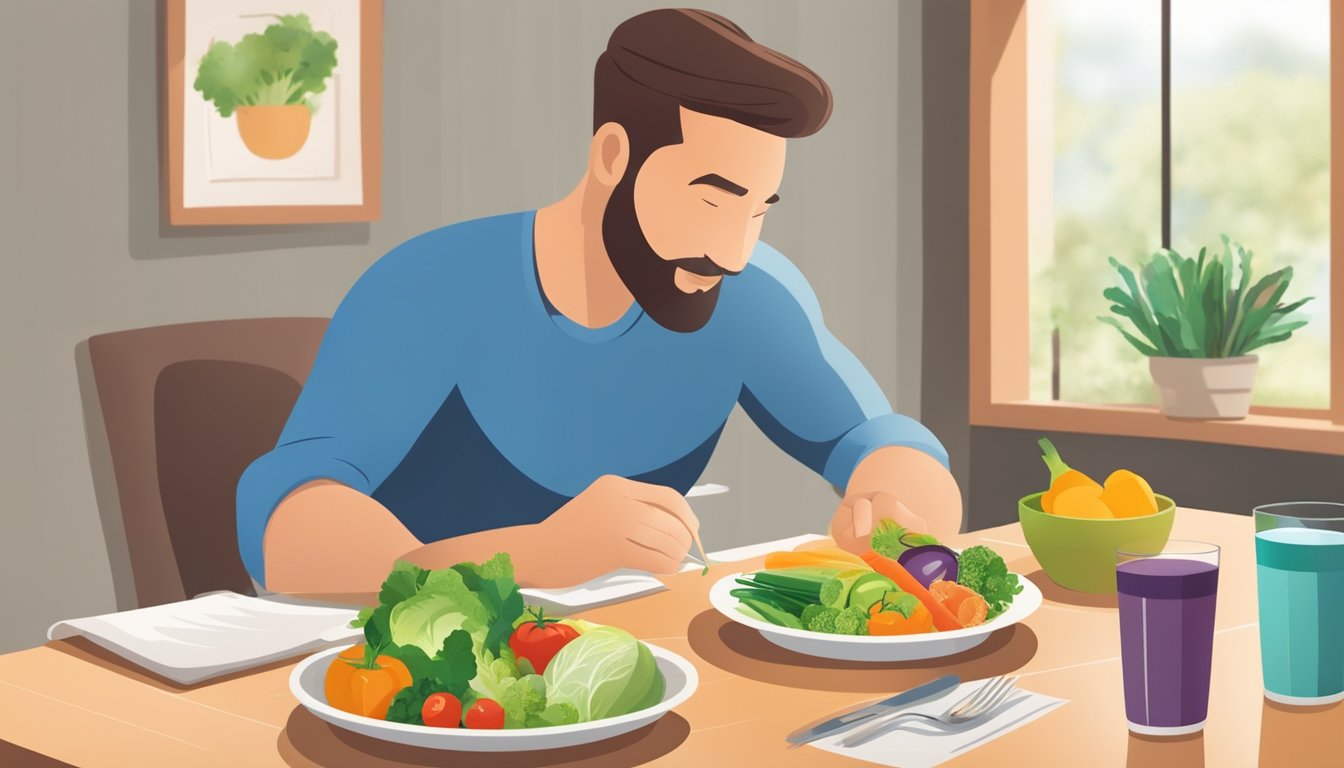 A table with colorful plates of balanced meals, including vegetables, lean proteins, and whole grains. A nutritionist is reviewing the meal plans with a diabetic patient