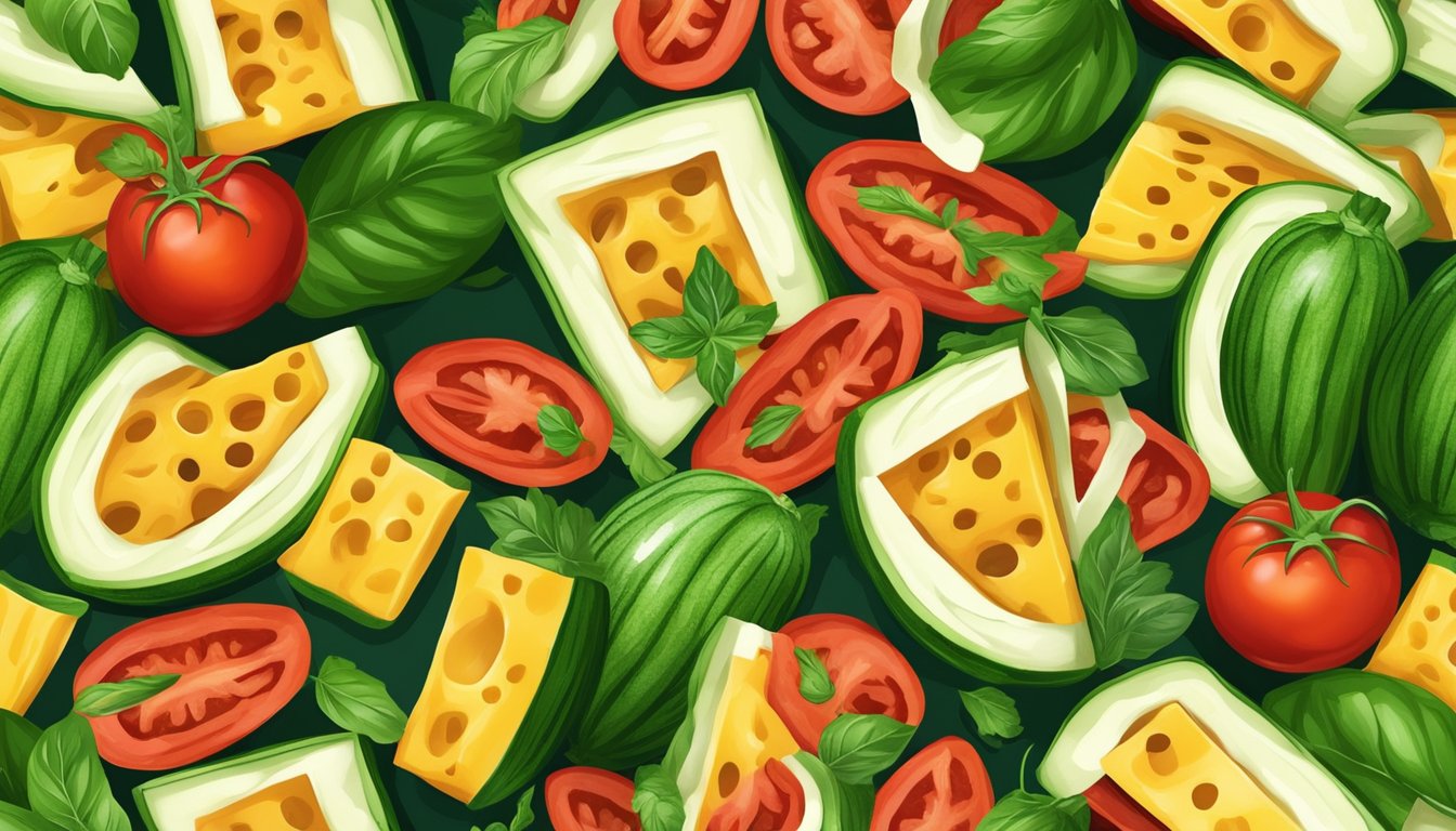 A colorful array of zucchini slices layered with rich tomato sauce and creamy cheese, surrounded by vibrant green basil leaves and fresh herbs