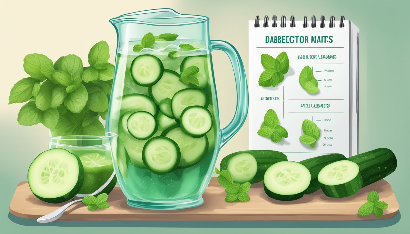 A glass pitcher filled with cucumber and mint water surrounded by 11 meal plans for diabetics