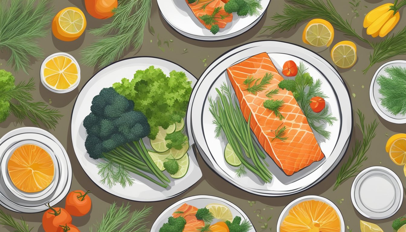 A plate of baked salmon with dill surrounded by colorful vegetables, set on a stylish table with a calming and inviting ambiance