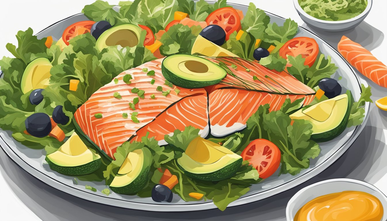 A colorful plate with a bed of mixed greens topped with slices of fresh salmon, avocado, and various vegetables, accompanied by a side of dressing