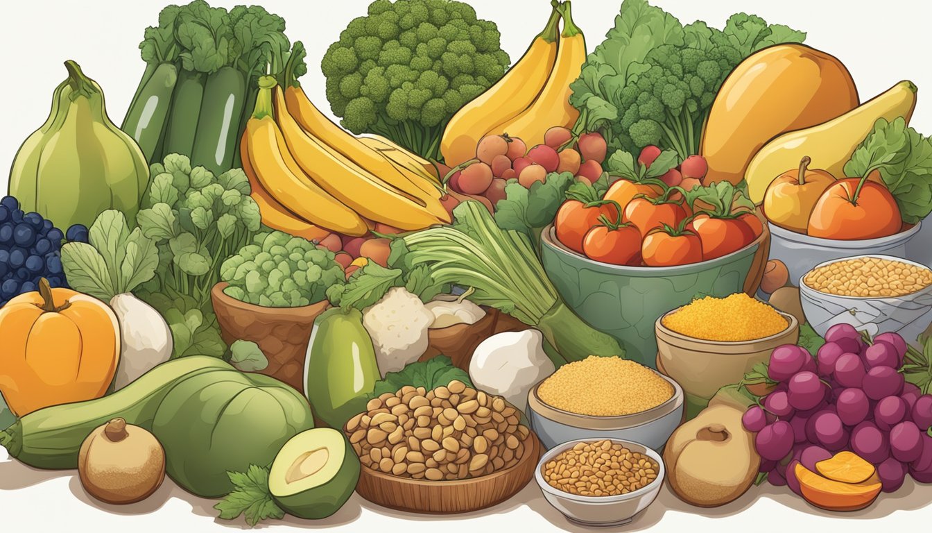 A table with a variety of healthy foods, including fruits, vegetables, lean proteins, and whole grains. A pair of ears is subtly incorporated into the background design