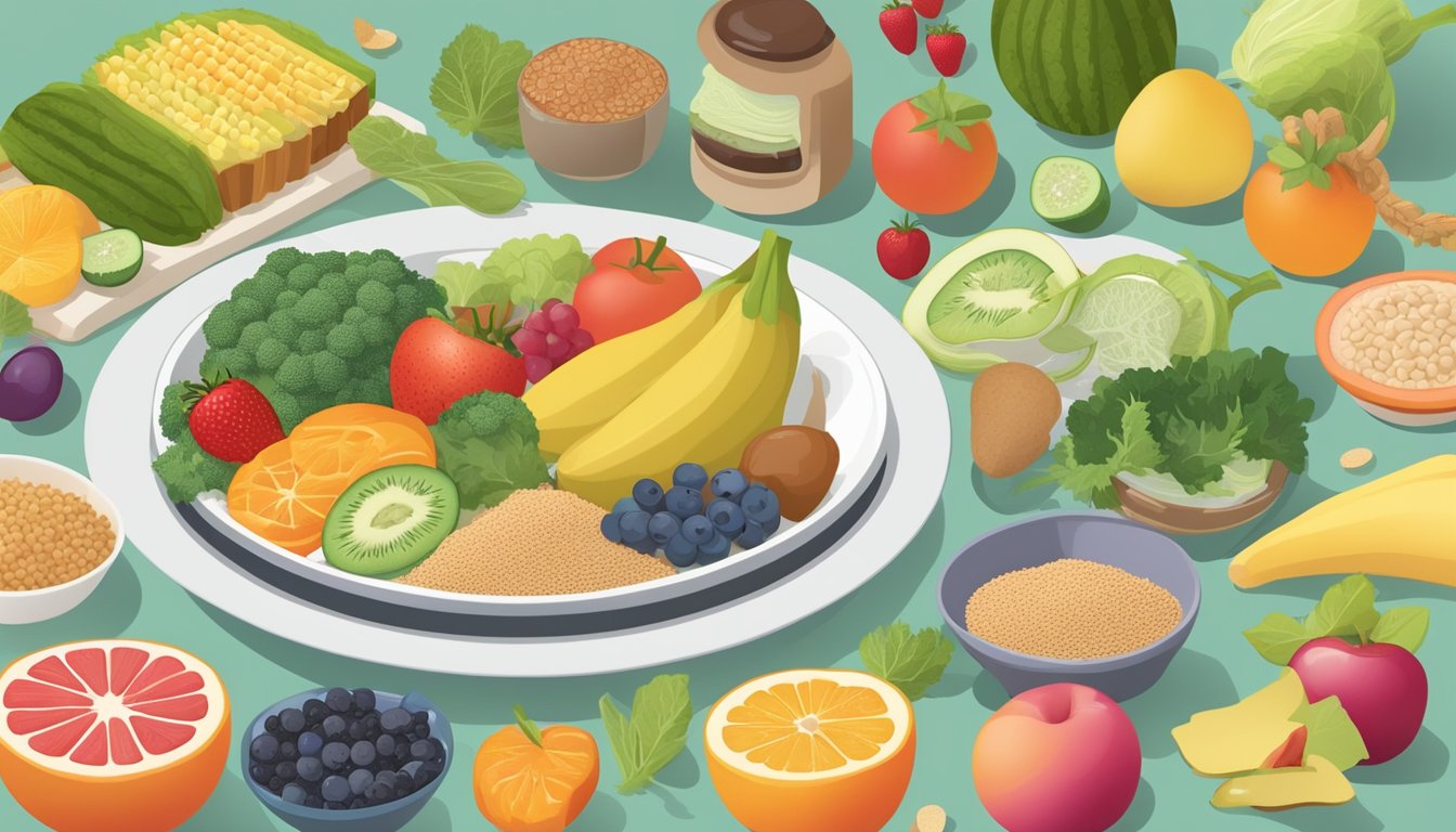 A colorful spread of various fruits, vegetables, whole grains, and lean proteins arranged on a plate, surrounded by images of ears and diabetes-related symbols