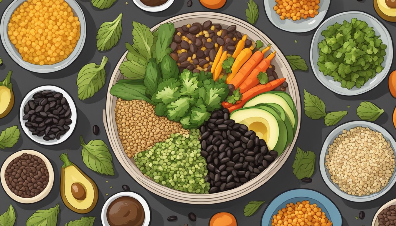 A colorful bowl filled with quinoa, black beans, and assorted vegetables, surrounded by a variety of liver-healthy foods