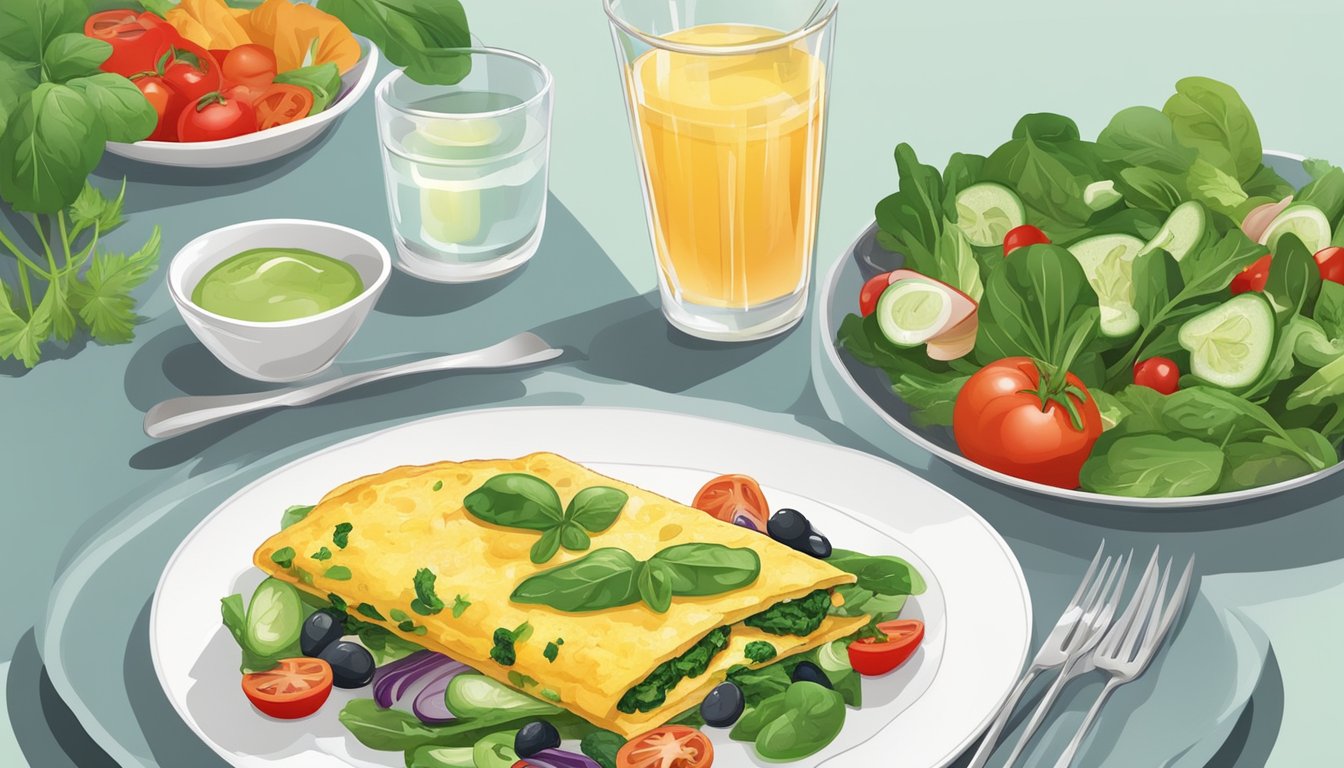 A colorful spinach and mushroom omelette surrounded by a variety of fresh vegetables and a glass of water on a simple, white plate