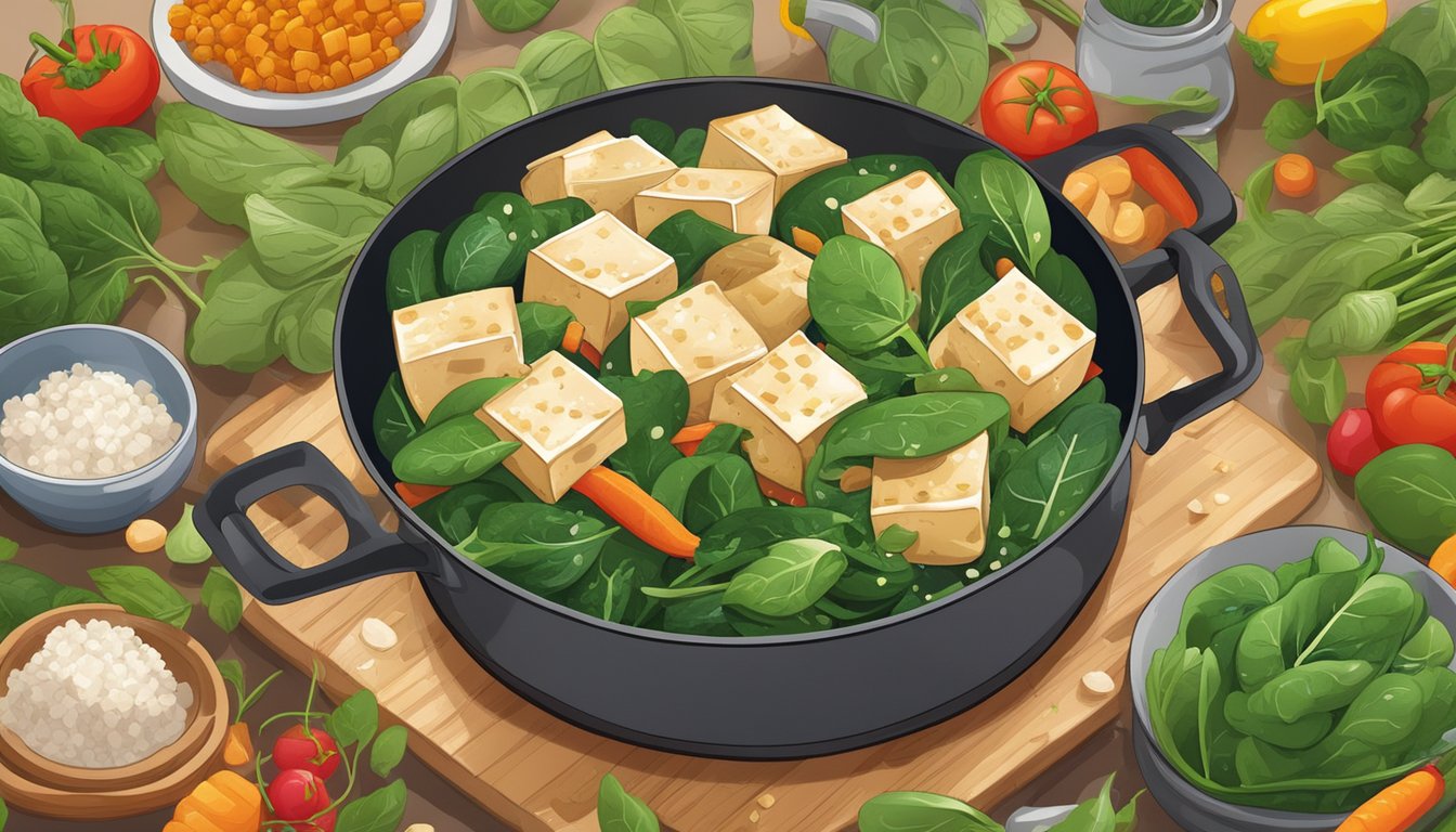 Tofu and spinach sizzling in a wok, surrounded by colorful vegetables and herbs