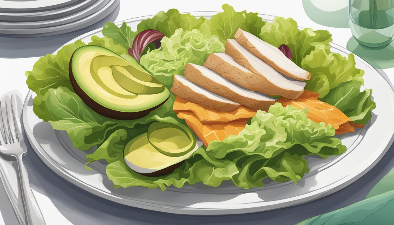 A colorful array of fresh lettuce, sliced turkey, and ripe avocado arranged on a clean, white plate