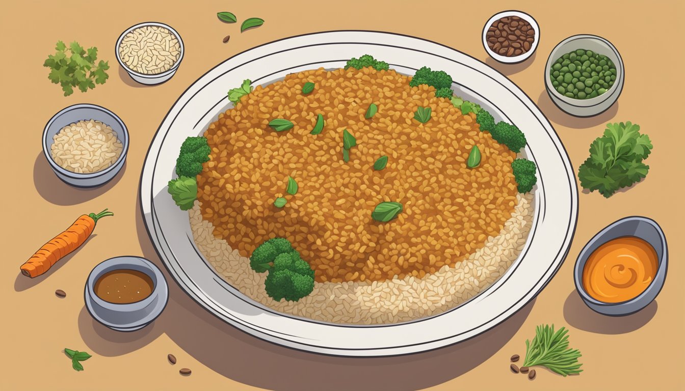 A steaming pot of brown rice and lentil curry sits on a table, surrounded by colorful vegetables and spices. A plate with a liver-shaped symbol and a diabetic-friendly meal plan is placed next to the dish