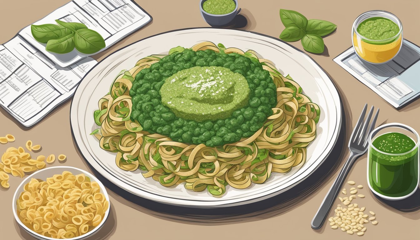 A plate of whole grain pasta with spinach pesto surrounded by 10 foot health meal plans for diabetics