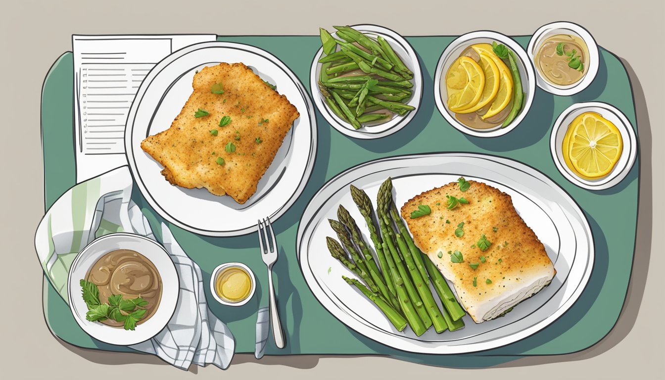 A plate of baked cod with asparagus, accompanied by a selection of liver-friendly meal plans for diabetics