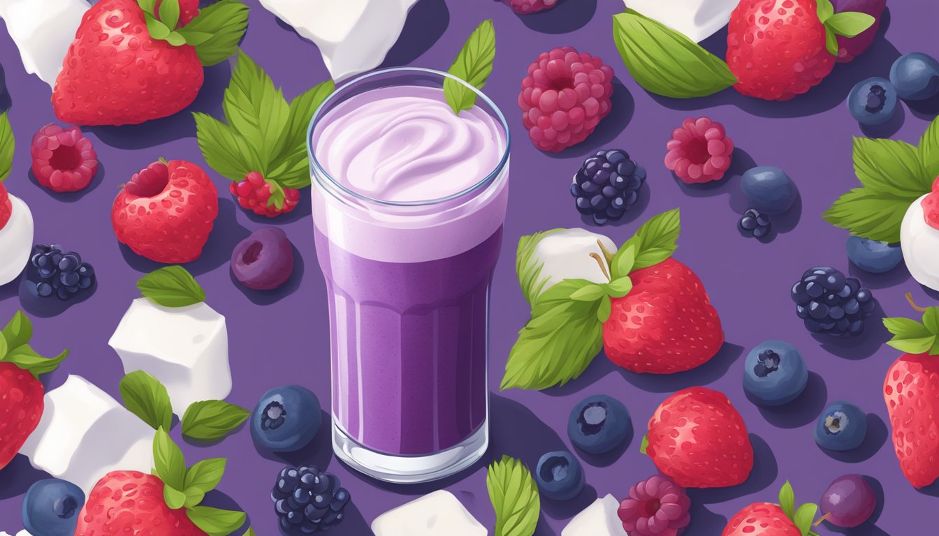 A tall glass filled with a vibrant purple smoothie surrounded by fresh berries and a container of Greek yogurt