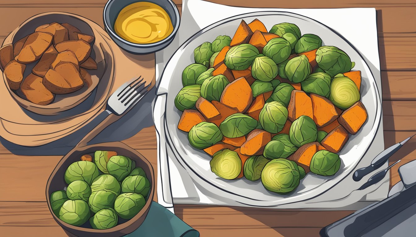 A colorful plate of roasted sweet potato and Brussels sprouts, accompanied by a chart of liver function meal plans for diabetics