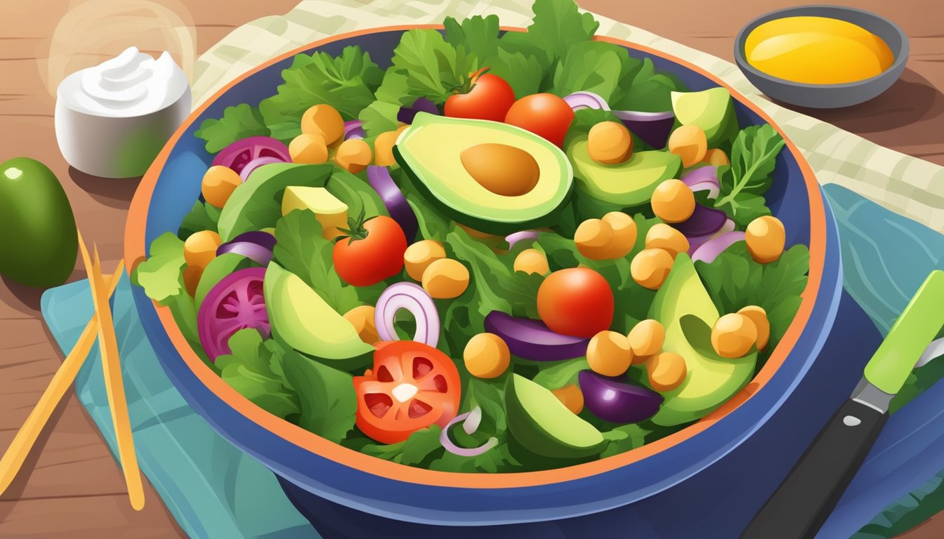 A colorful salad bowl with chickpeas, avocado, and fresh vegetables arranged in a balanced and appetizing manner