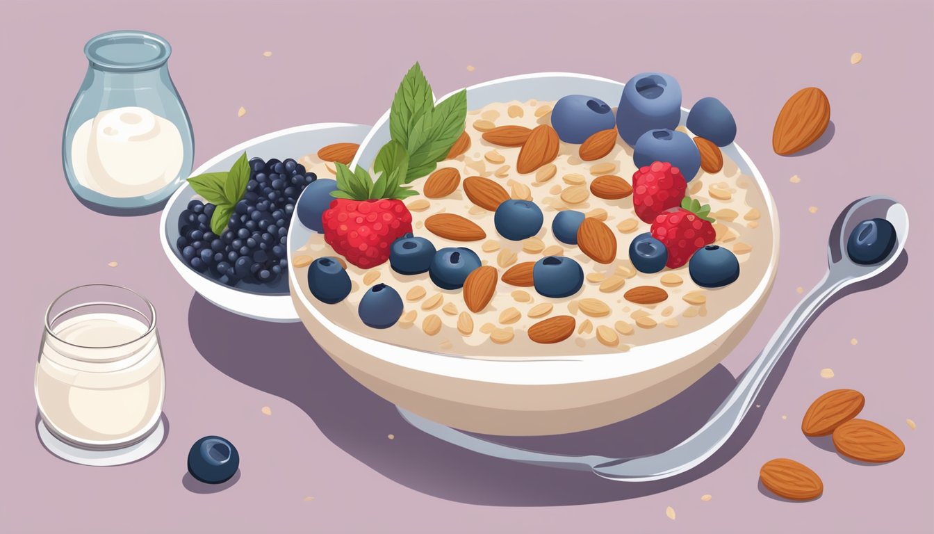 A bowl of oatmeal with almond milk and berries surrounded by 15 liver function meal plans for diabetics