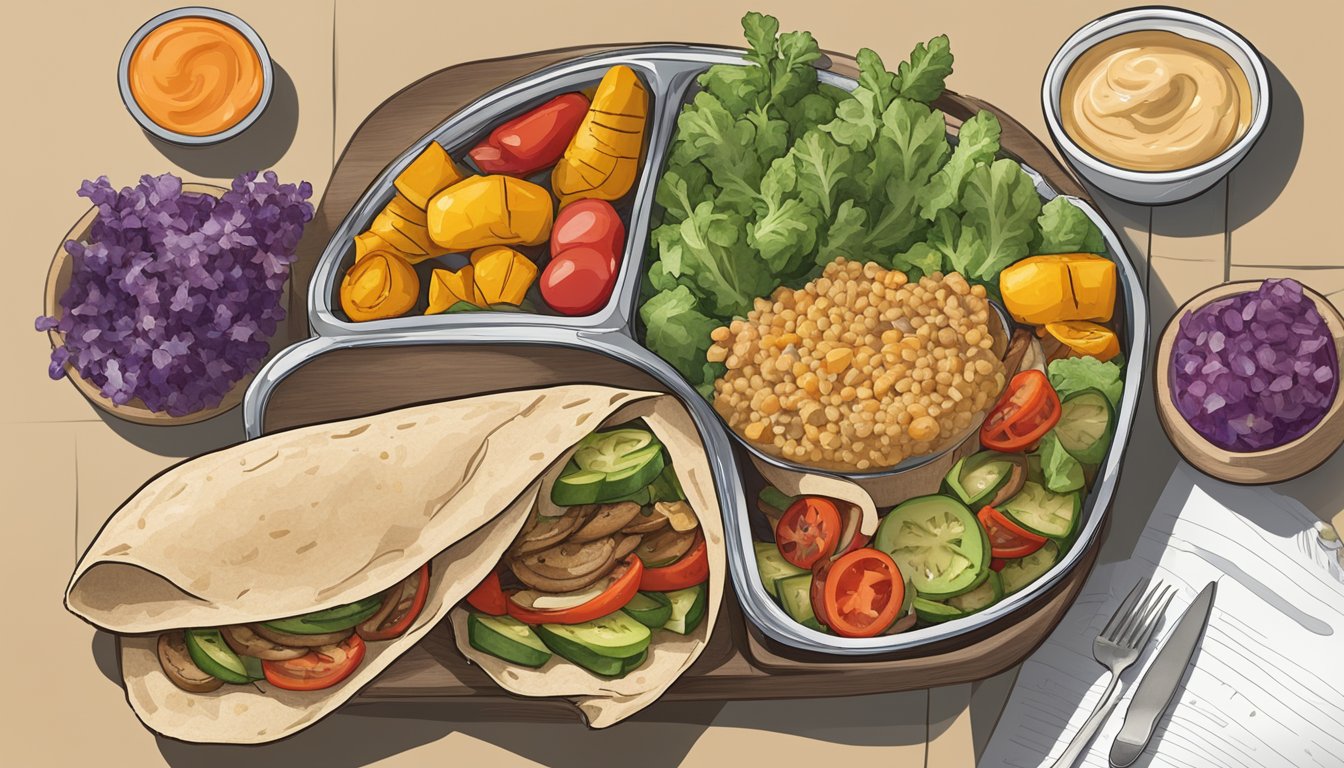 A colorful assortment of grilled vegetables and a dollop of hummus wrapped in a whole grain tortilla, surrounded by 10 foot-long health meal plans for diabetics