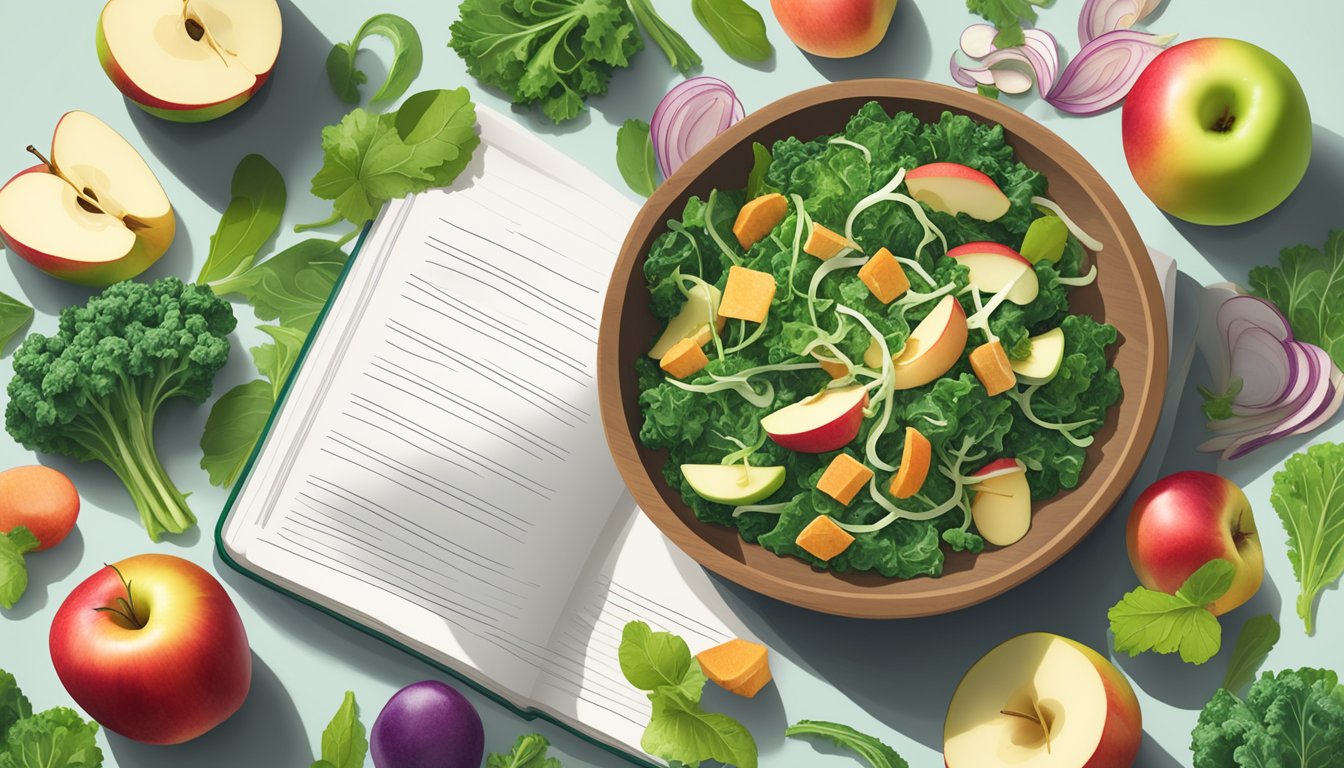 A colorful bowl of kale and apple salad surrounded by fresh ingredients and a cookbook titled "14 Stress-Reducing Diabetic Meal Plans."