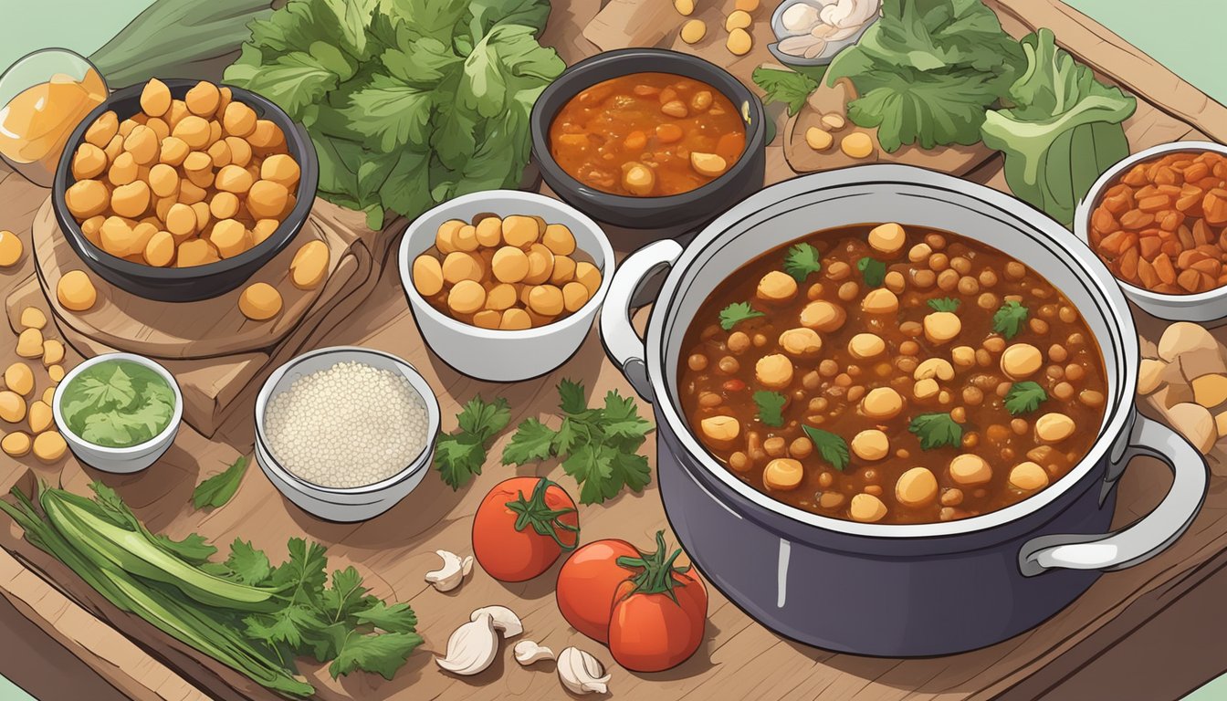 A simmering pot of chickpea and eggplant stew surrounded by a variety of fresh ingredients and a list of 15 liver function meal plans for diabetics