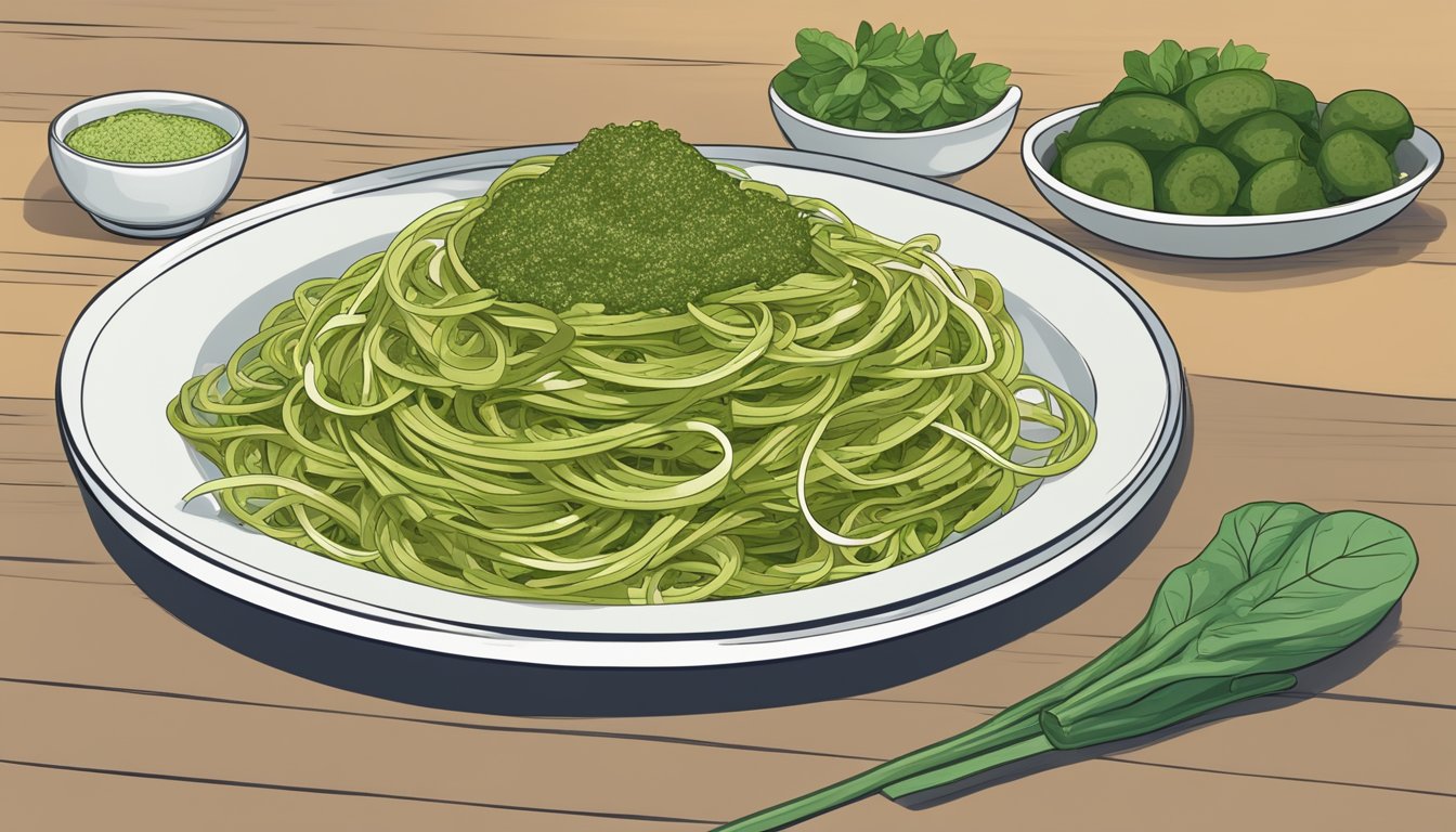 A plate of zucchini noodles topped with pesto sits next to a stack of 15 liver function meal plans for diabetics