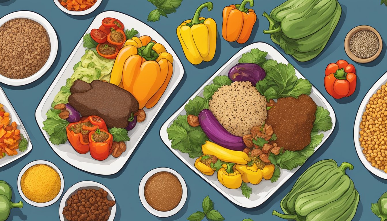 A colorful plate with stuffed bell peppers, quinoa, and a variety of liver-friendly foods