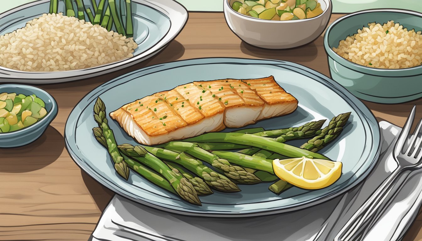 A plate of baked cod, asparagus, and brown rice on a table surrounded by 10 foot health meal plans for diabetics