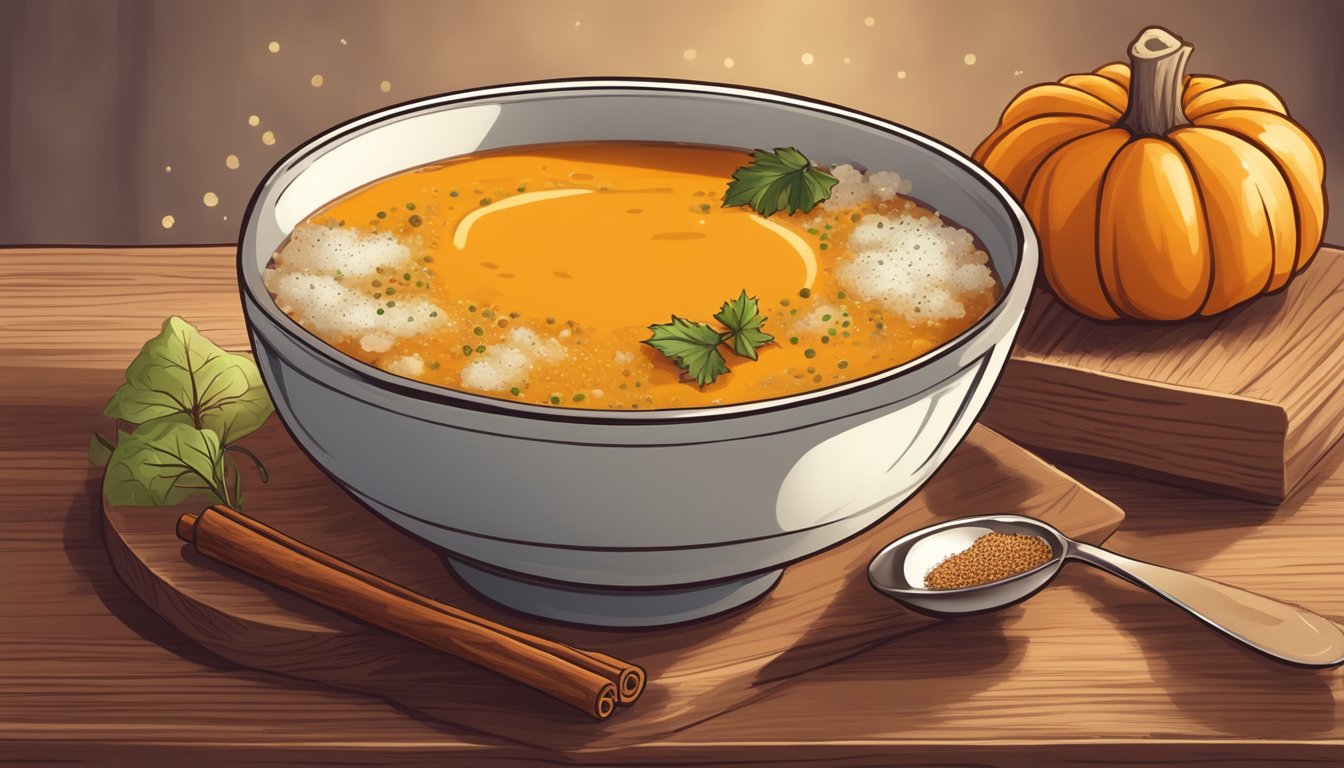 A steaming bowl of pumpkin soup sprinkled with cinnamon sits on a rustic wooden table next to a stack of liver function meal plans for diabetics