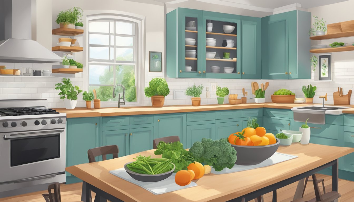 A serene kitchen with fresh ingredients, a calming atmosphere, and a focus on mindful cooking for diabetic meal plans