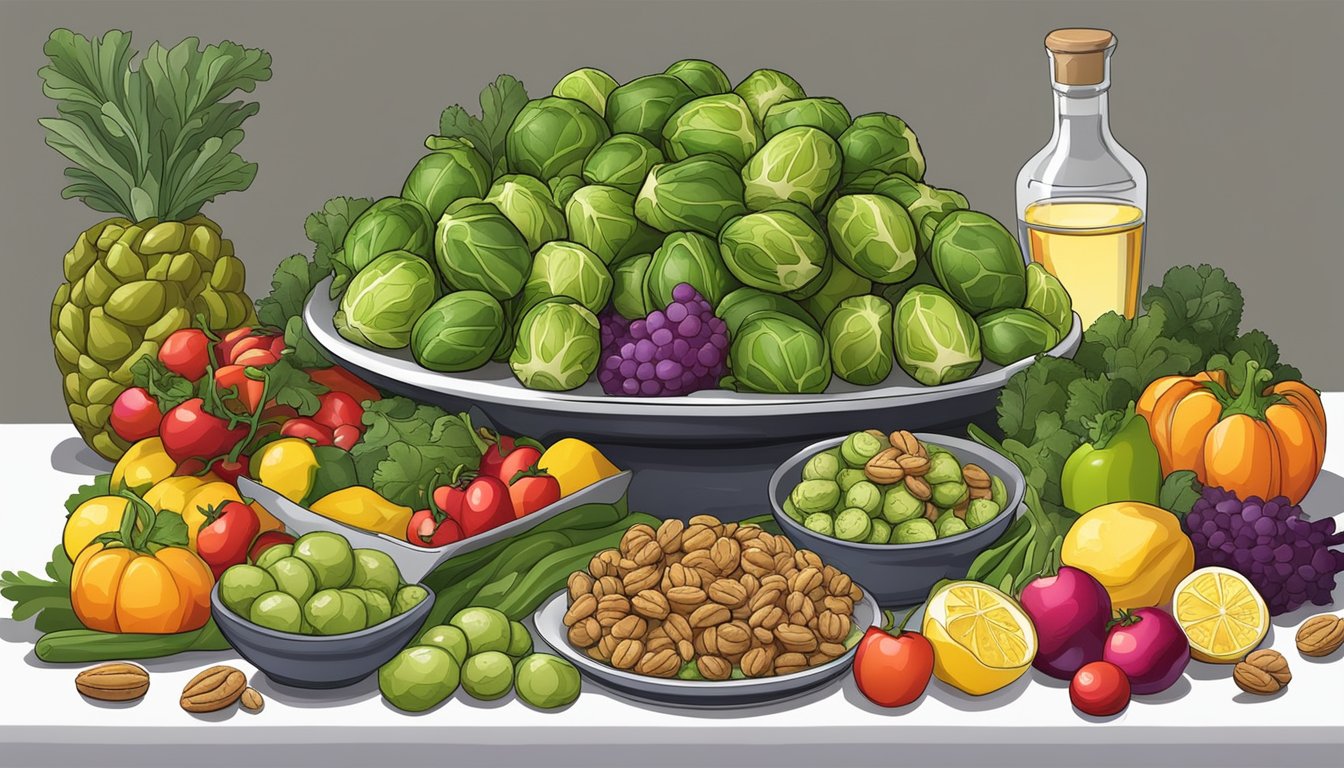 A table set with a plate of roasted Brussels sprouts and walnuts, surrounded by a variety of fresh vegetables and fruits