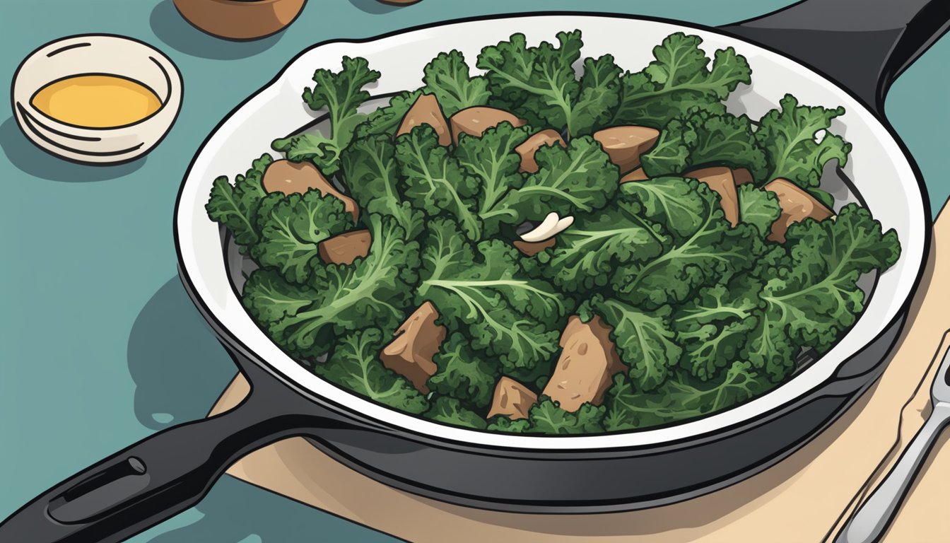 A skillet sizzles with sautéed kale and garlic. A stack of 15 liver function meal plans for diabetics sits nearby