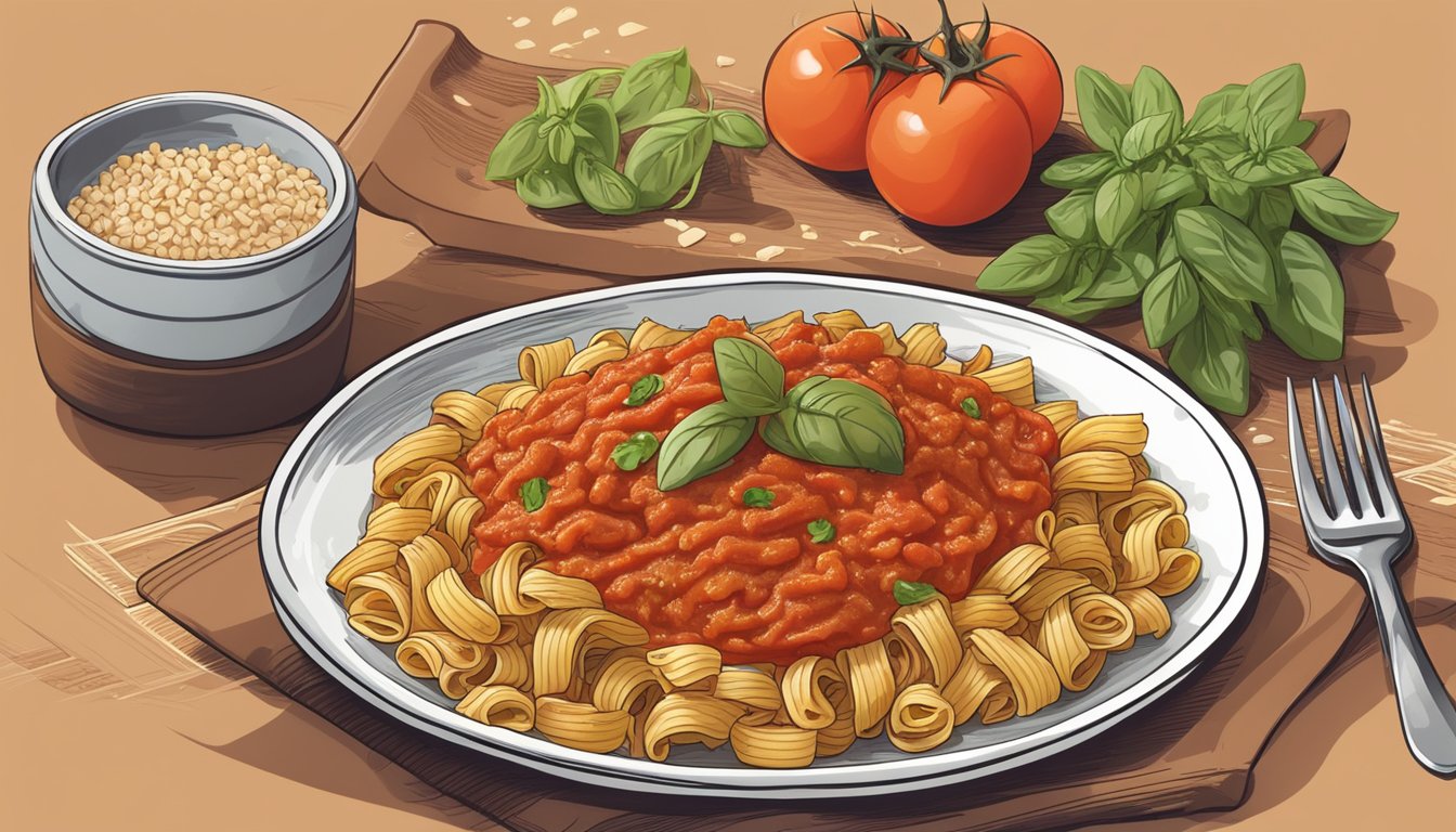 A plate of whole grain pasta with tomato sauce surrounded by 15 liver-friendly meal plans for diabetics