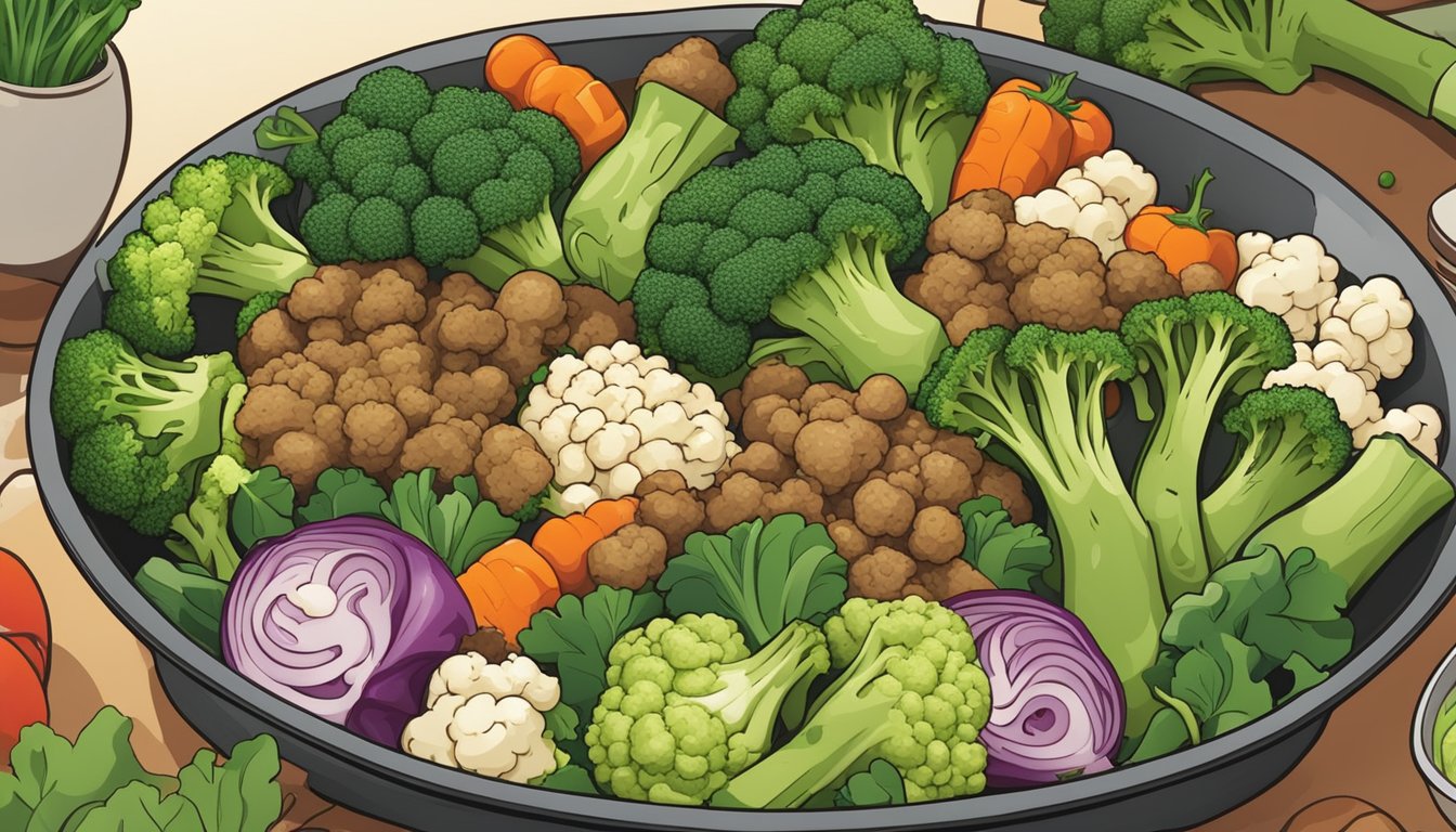 A sizzling pan of broccoli and cauliflower stir-fry surrounded by a variety of fresh vegetables and herbs, with a plate of liver-friendly meal options for diabetics nearby