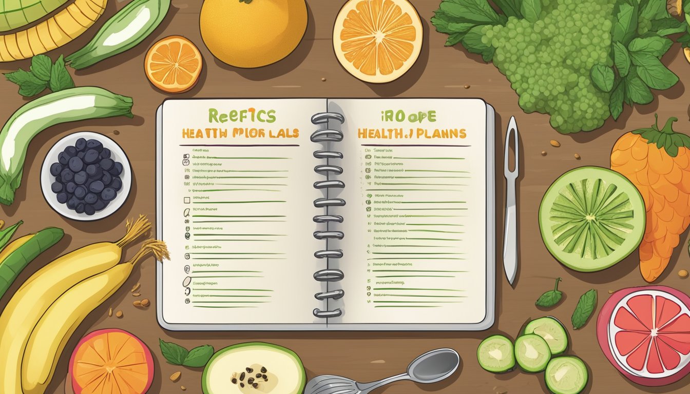 A table with a variety of colorful fruits, vegetables, and whole grains, along with a measuring cup, cutting board, and a recipe book open to a page titled "10 Foot Health Meal Plans for Diabetics."