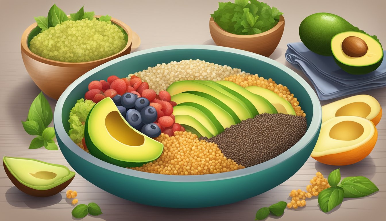 A colorful bowl filled with quinoa, avocado, and other kidney-friendly diabetic meal ingredients, arranged in an appealing and appetizing manner