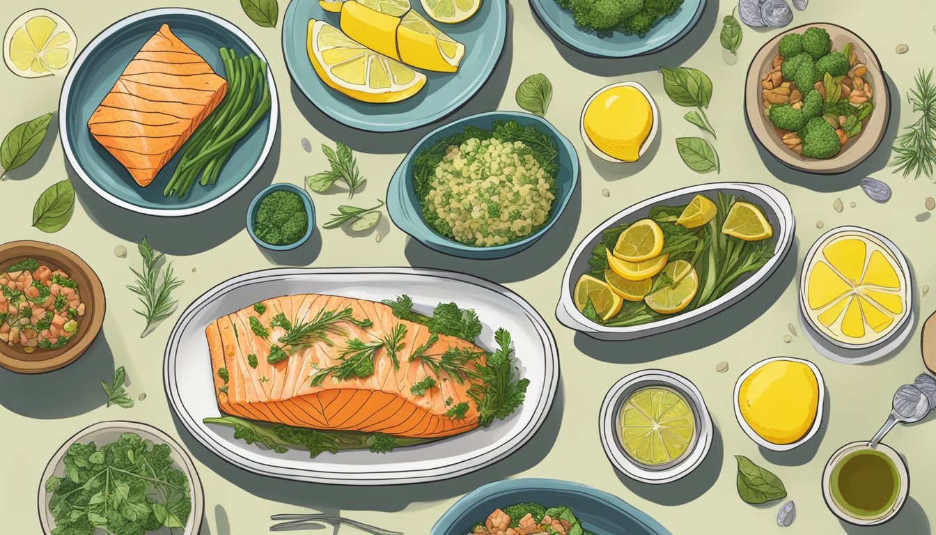 A plate of baked lemon herb salmon surrounded by colorful, gallbladder-friendly diabetic meal options