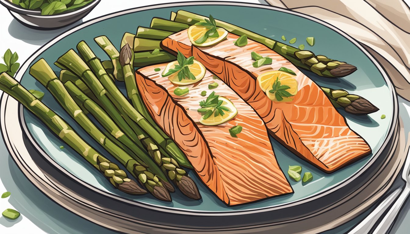 A plate of roasted salmon and asparagus surrounded by 6 kidney-friendly diabetic meal plans