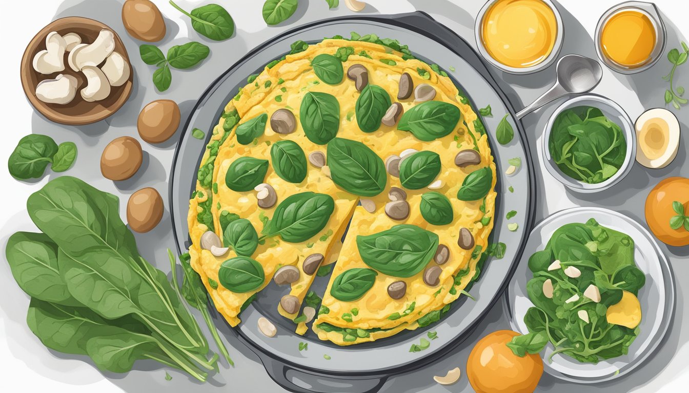 A colorful spinach and mushroom omelette surrounded by six kidney-friendly diabetic meal plans