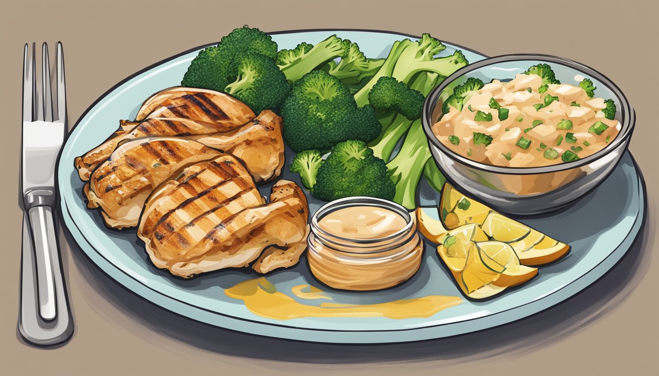 A plate of grilled chicken with broccoli surrounded by 7 different meal plans for diabetics, with a focus on gum health