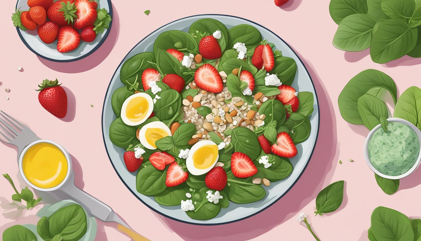 A vibrant bowl of strawberry spinach salad surrounded by fresh ingredients and a gallbladder-friendly diabetic meal plan