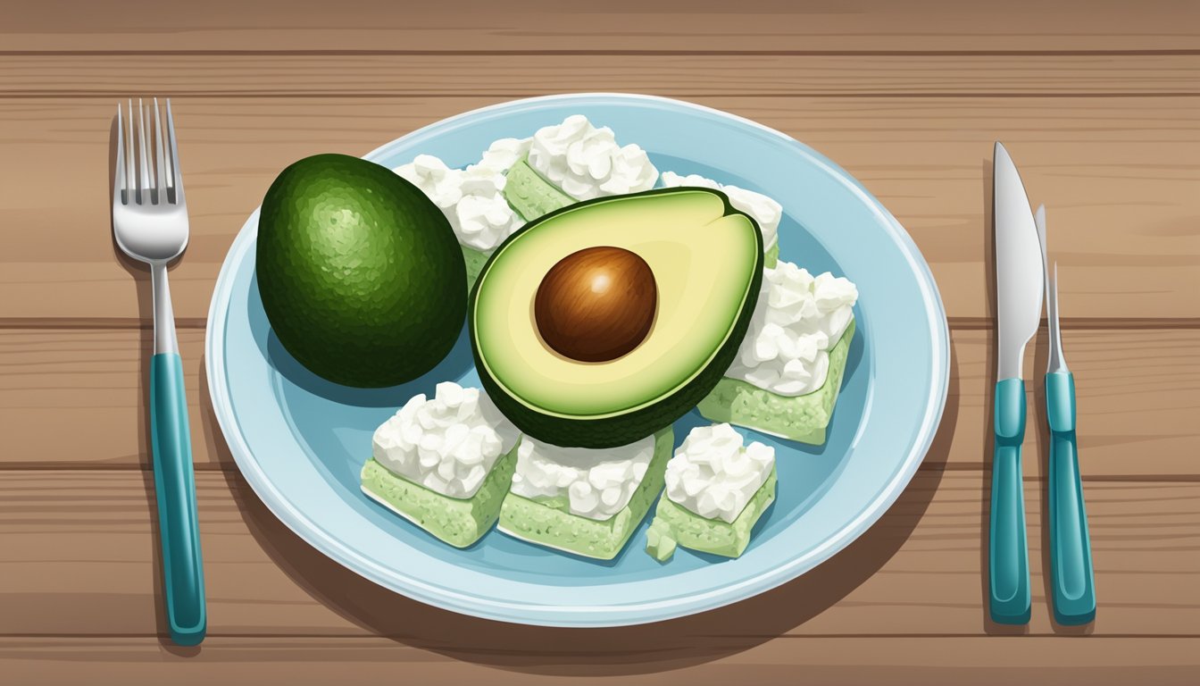 A plate with avocado and cottage cheese, accompanied by a meal plan for diabetics and a pack of gum, set against a backdrop of dental hygiene products