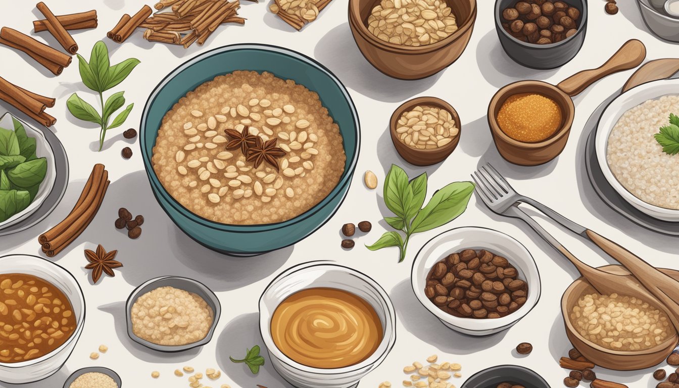 A bowl of cinnamon-spiced oatmeal surrounded by a variety of gallbladder-friendly diabetic meal options