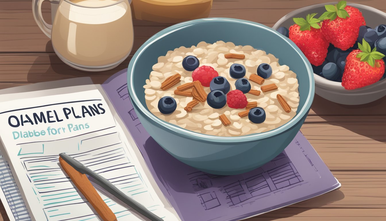 A bowl of oatmeal with cinnamon and berries sits on a table, surrounded by a pamphlet titled "Gum Health Meal Plans for Diabetics."